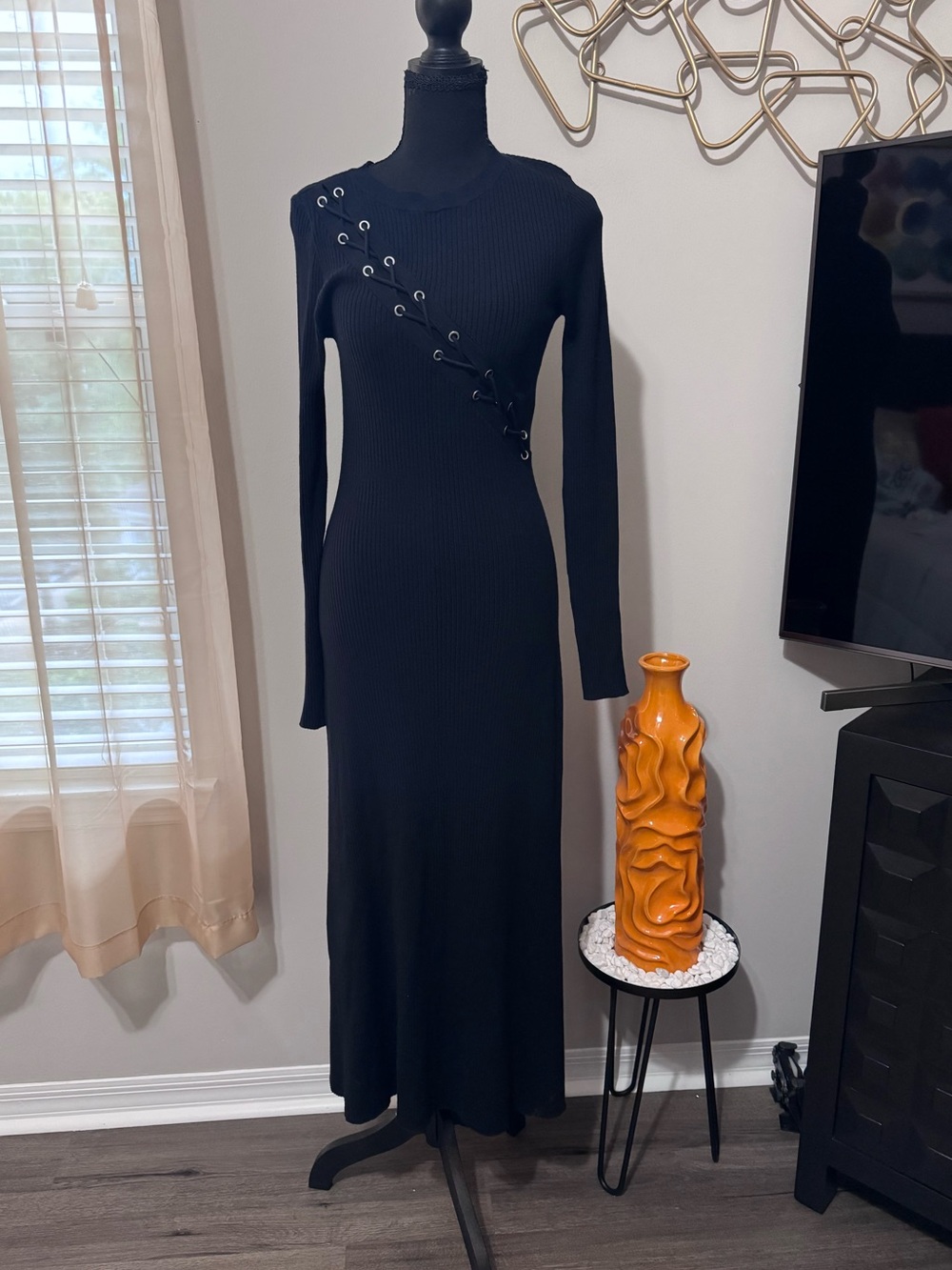 Mint Velvet Black Ribbed Long-Sleeve Sweater Maxi Dress with Diagonal Lace-Up